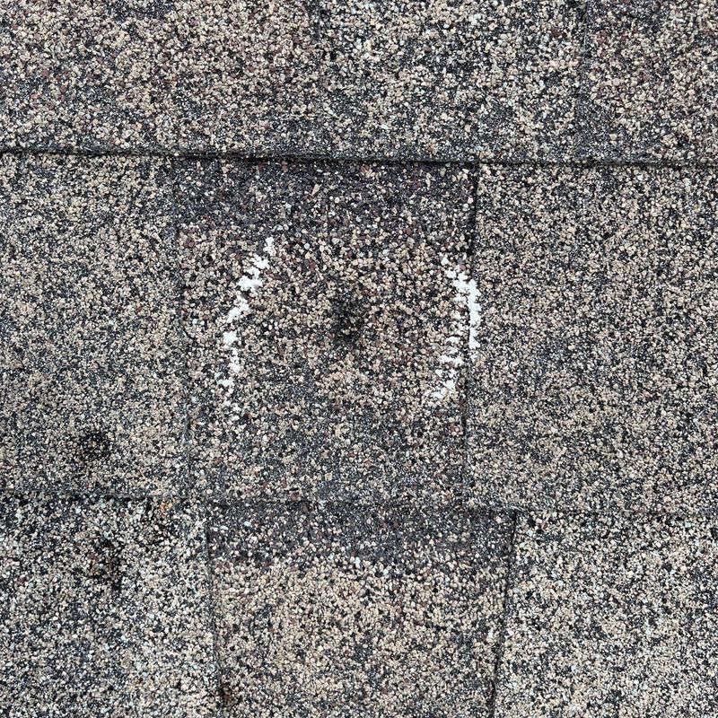 Asphalt shingle hail damage with chalk markings