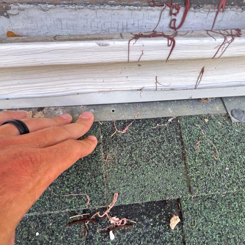 Roof shingles with nail holes and debris near flashing