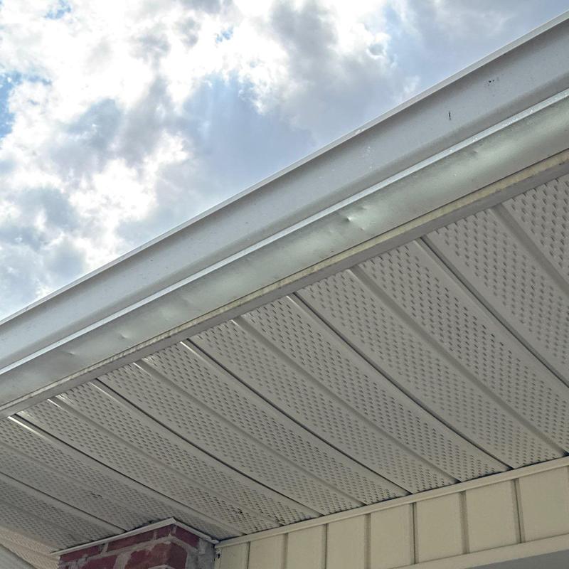 Aluminum soffit and fascia hail dent damage inspection