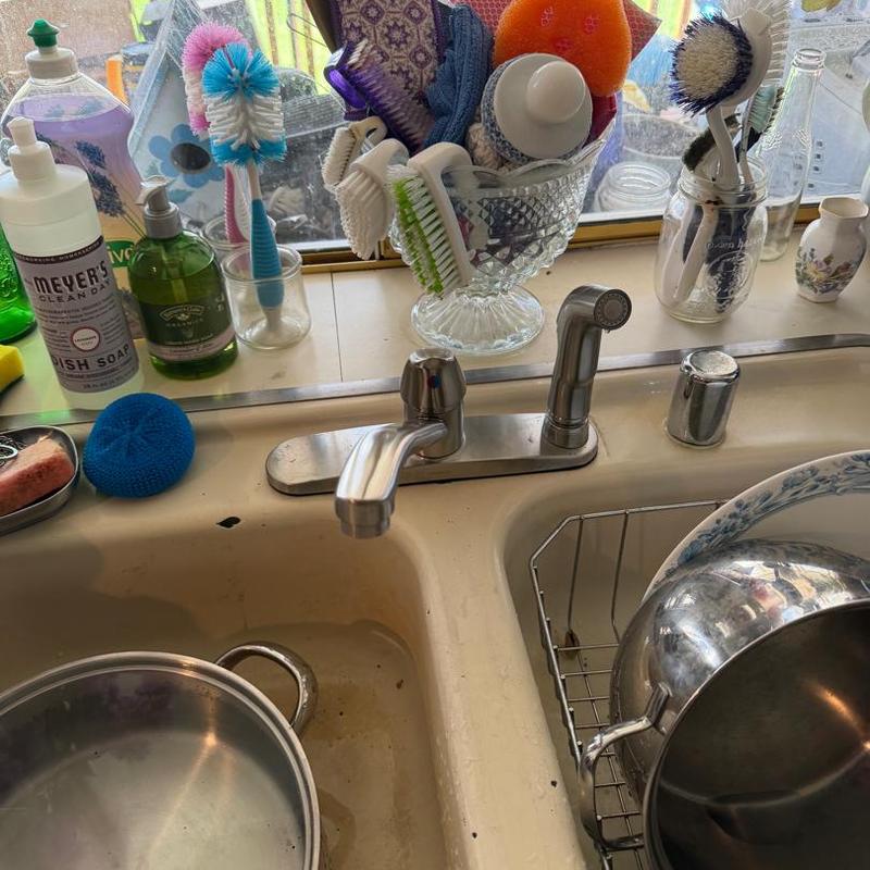 Two-handle kitchen faucet with sprayer and soap dispenser