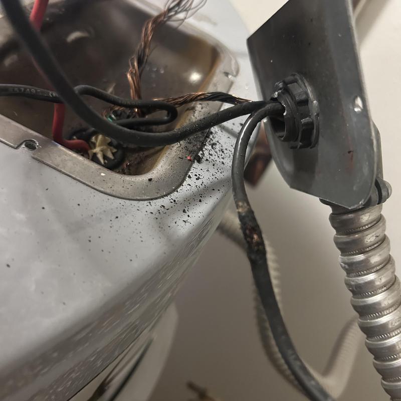 Water heater wiring showing burnt and frayed wire damage
