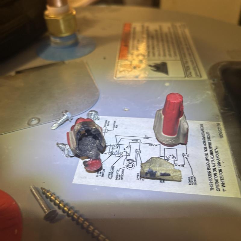 Water heater wiring with damaged wire nut connectors