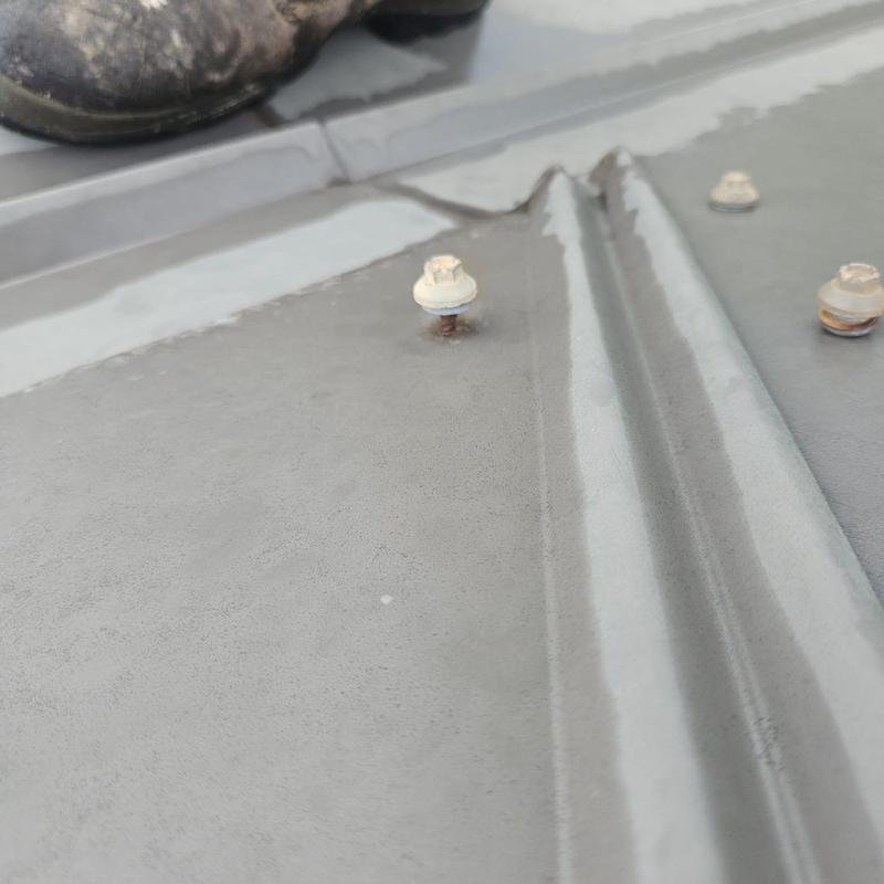 Metal roof panel with rusted fasteners and coating failure