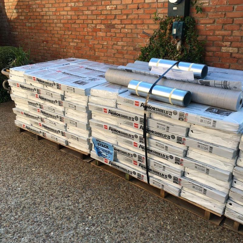 GAF ArmorShield II roof shingles stacked on pallets GAF ArmorShield II roof shingles stacked on pallets