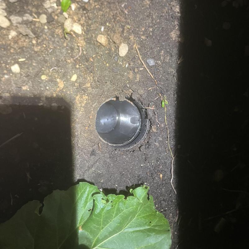 Mainline sewer cleanout cap in yard with soil and leaf nearby Mainline sewer cleanout cap in yard with soil and leaf nearby