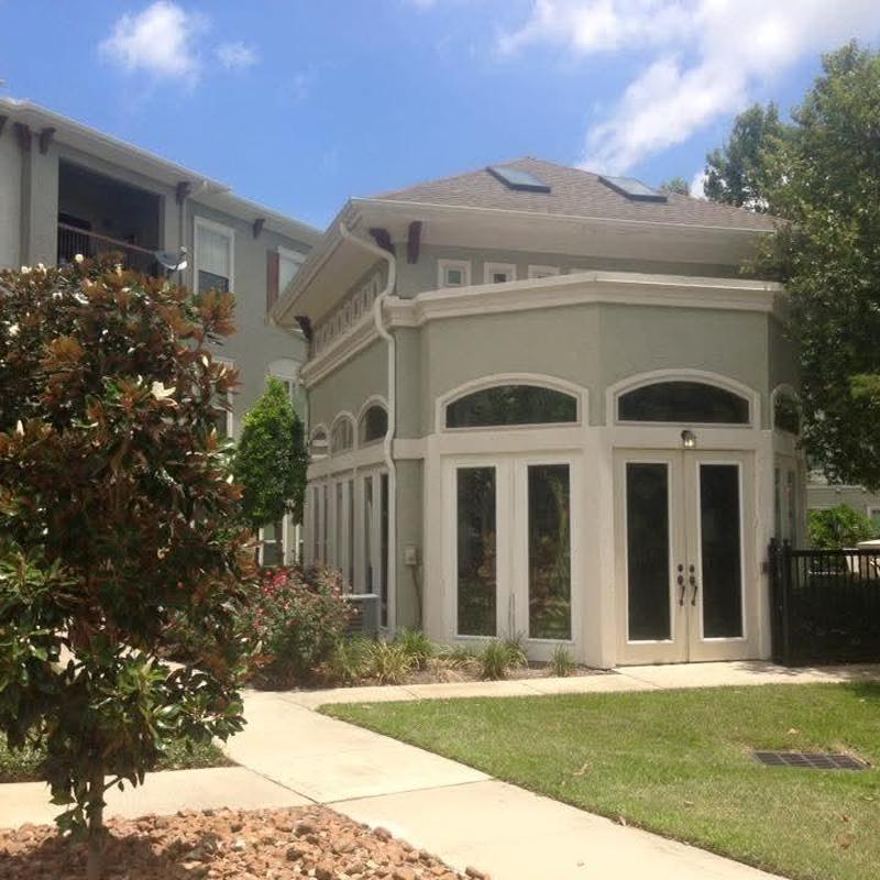 Skylights and shingle roof on apartment leasing office