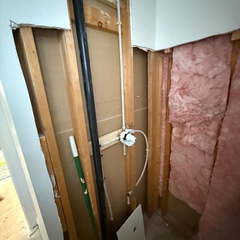 Bathroom shower rough-in plumbing with insulation exposed
