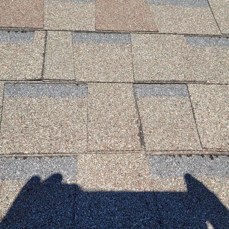 Asphalt roof shingles with hail and wind damage marks