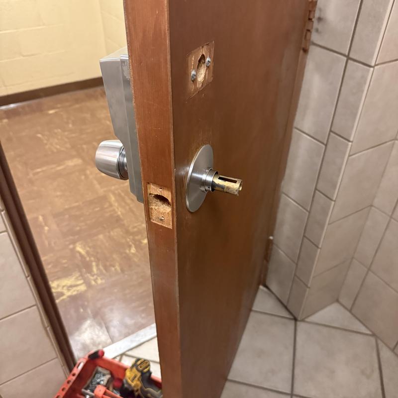 Schlage keypad electronic entry lock installation on restroom door