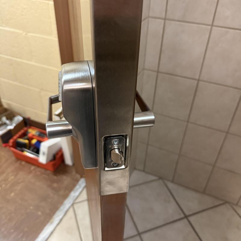 Schlage keypad electronic lock on restroom door