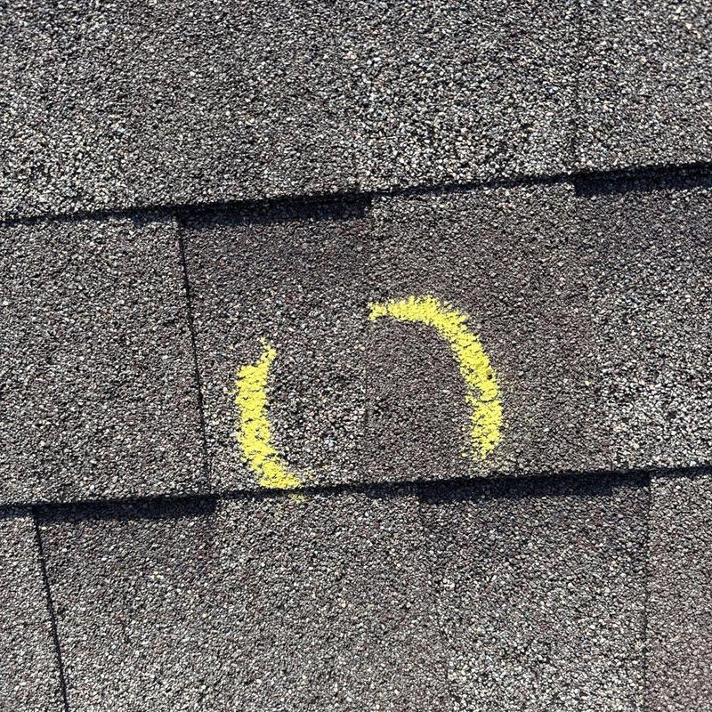 Asphalt roof shingle with hail damage marked in yellow
