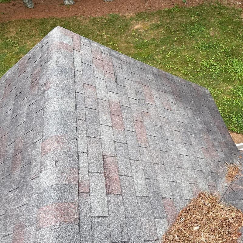 Asphalt shingle roof with hail damage and debris buildup