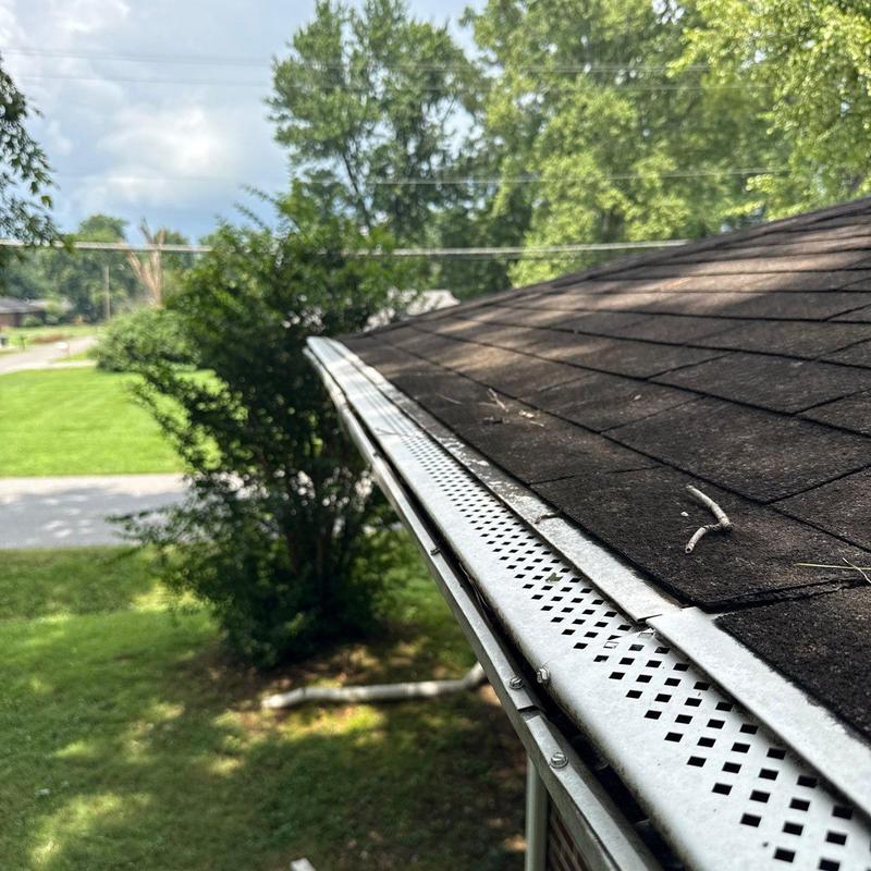 Roof shingles and metal gutter guard with damage signs