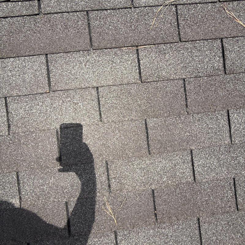 Asphalt roof shingles showing hail damage and wear