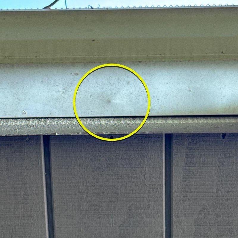 Metal gutter with hail damage dent circled in yellow