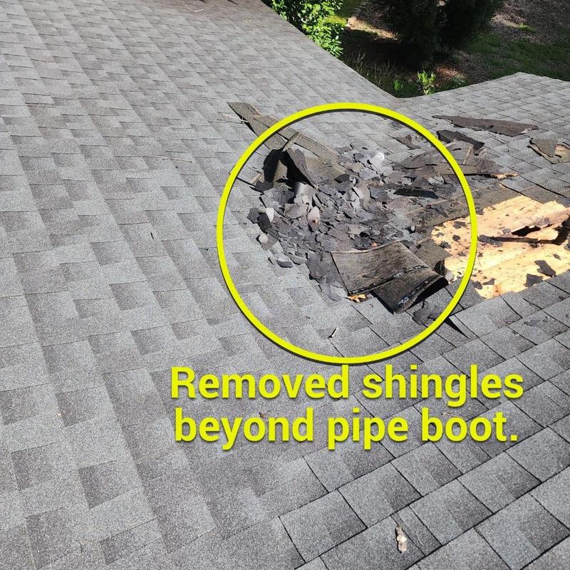 Pipe boot roof shingles removal and damage repair