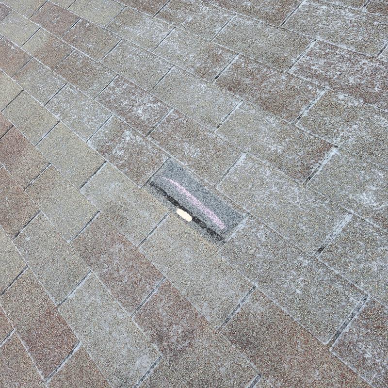 Asphalt shingle roof with granule loss and damage mark