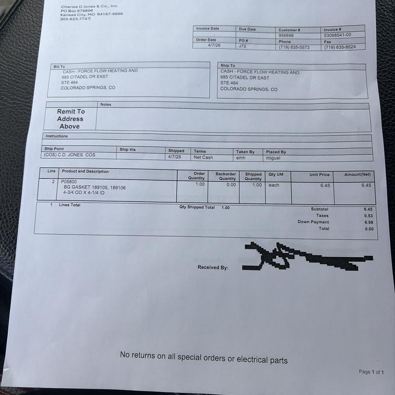 BG gasket 4-3/4 OD x 4-1/4 ID shipping invoice