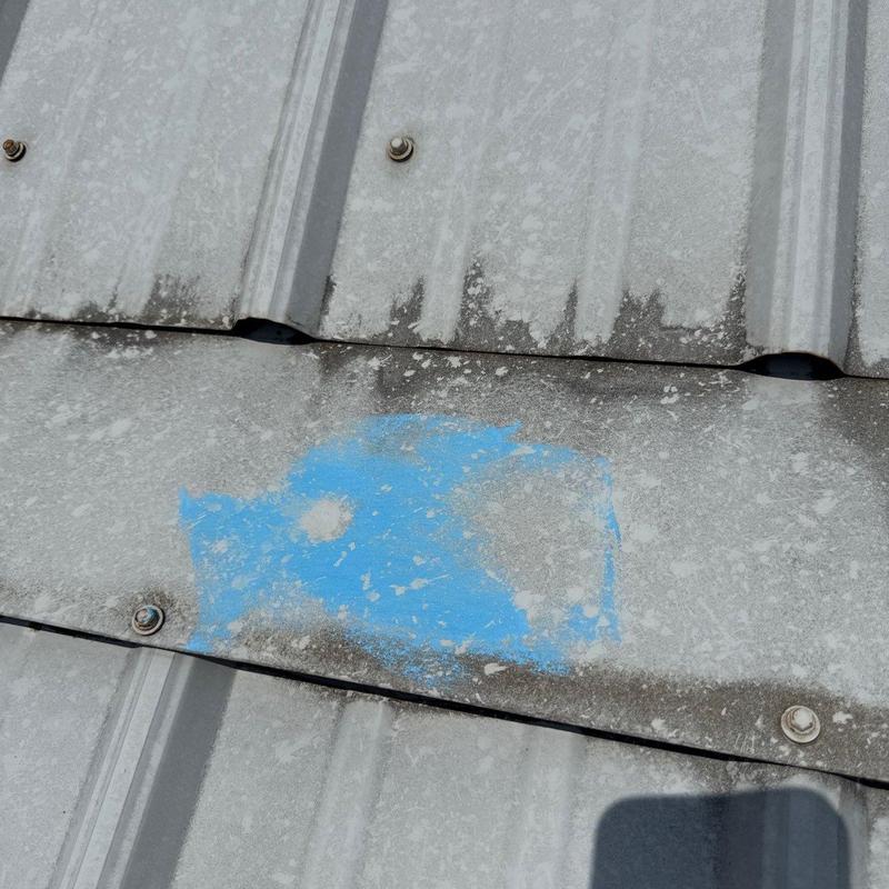 Metal roofing panel with hail damage markings