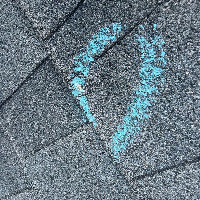 Asphalt shingle roof hail damage marked with blue chalk
