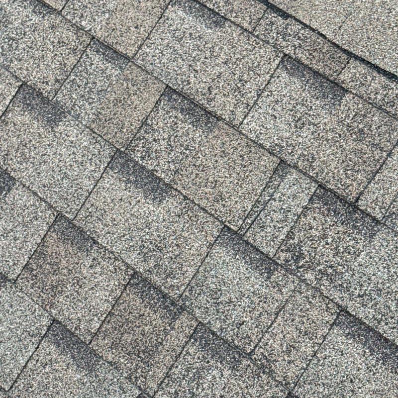 Asphalt roof shingles showing hail damage and wear