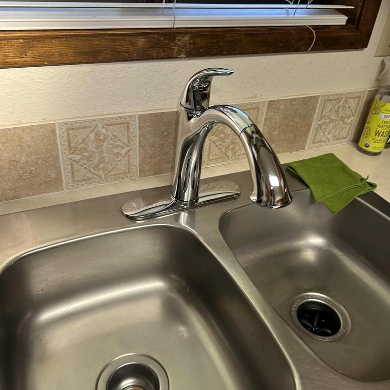 Moen kitchen faucet with new chrome finish on sink