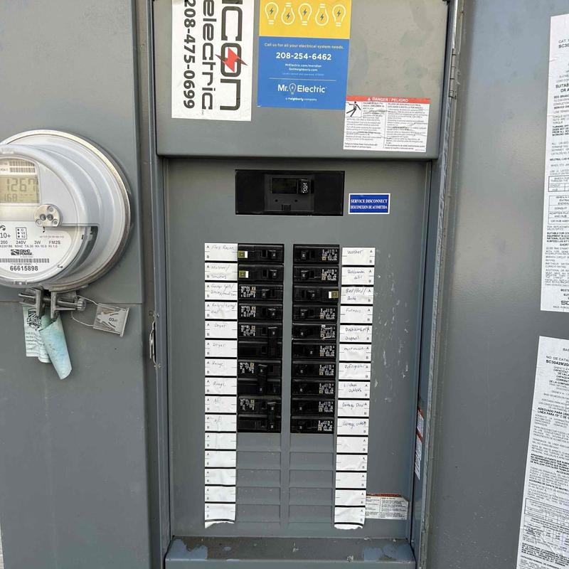 Electrical circuit breaker panel with labels and meter