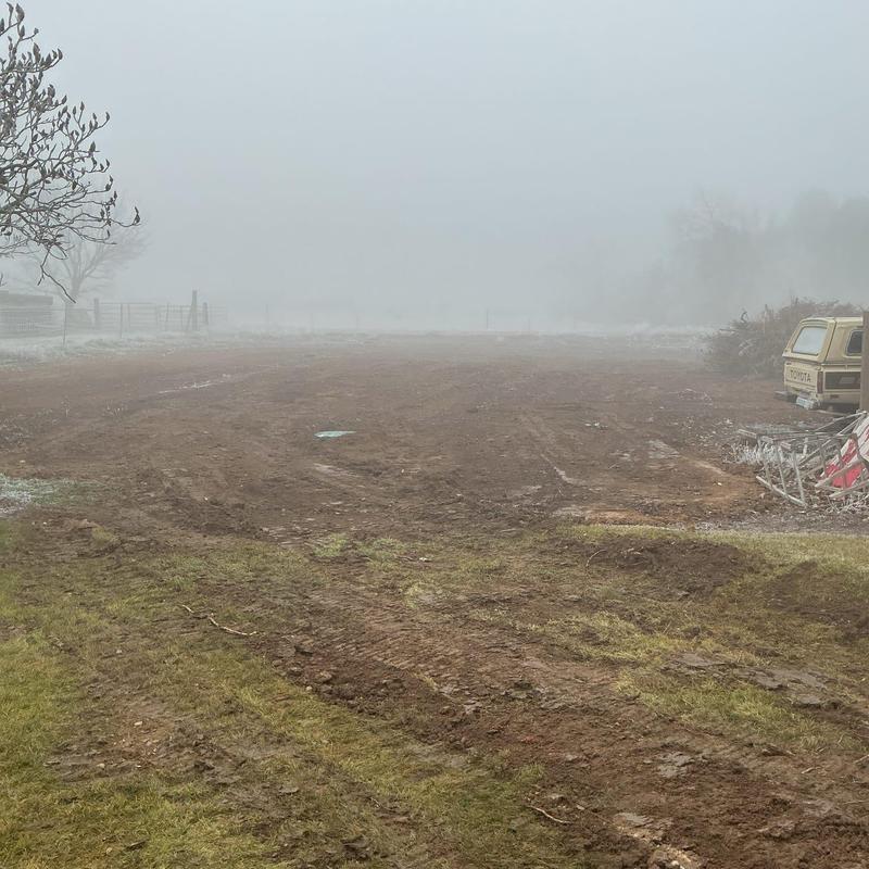 Septic drain field replacement site in early fog Septic drain field replacement site in early fog