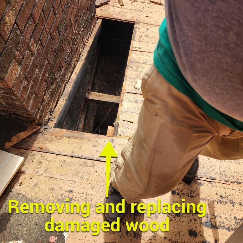 Roof decking with damaged wood removal and replacement