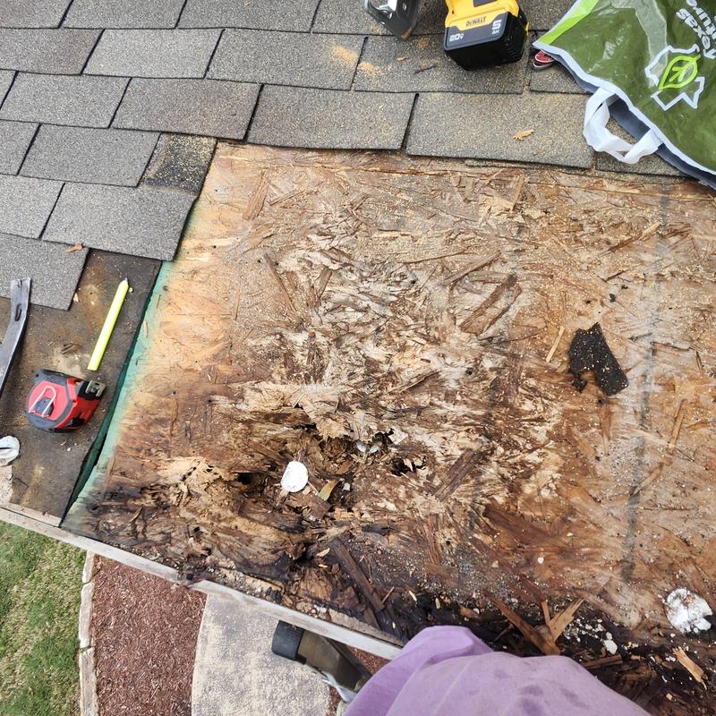 Rotten roof decking with damaged plywood panels