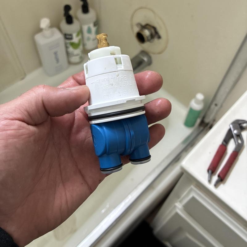 Shower faucet cartridge held for replacement near tub