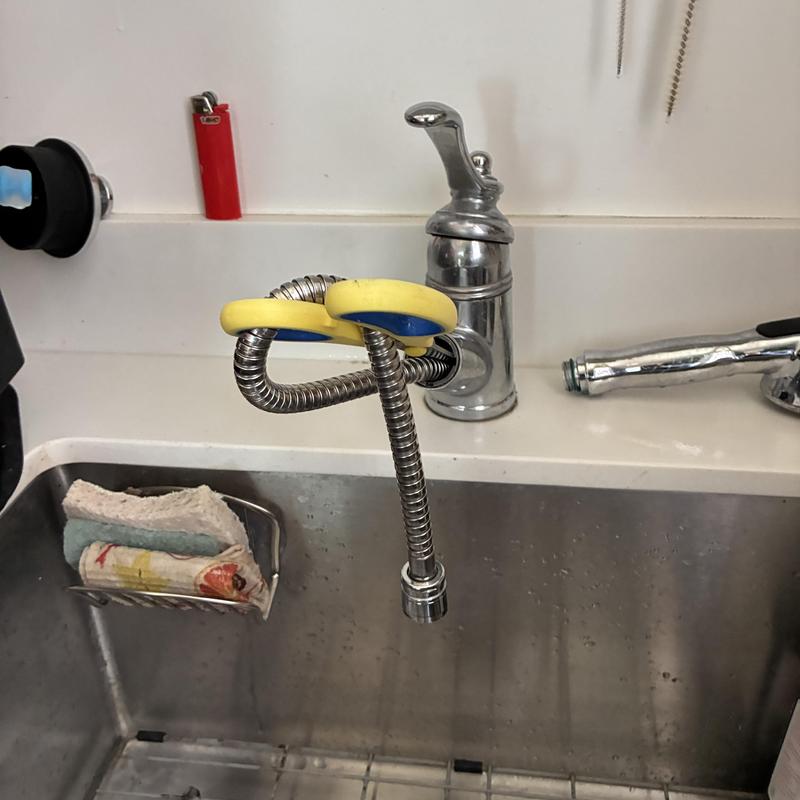Kitchen faucet with flexible hose in stainless sink