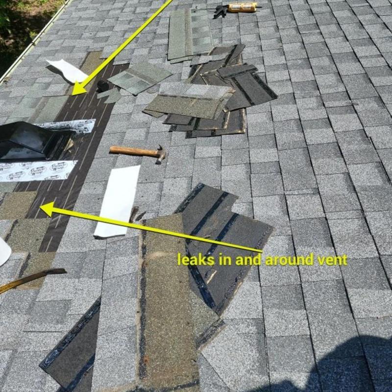 Dryer roof vent with removed shingles and leaks
