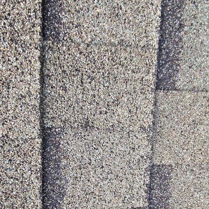 Roof shingles with visible hail damage and granule loss