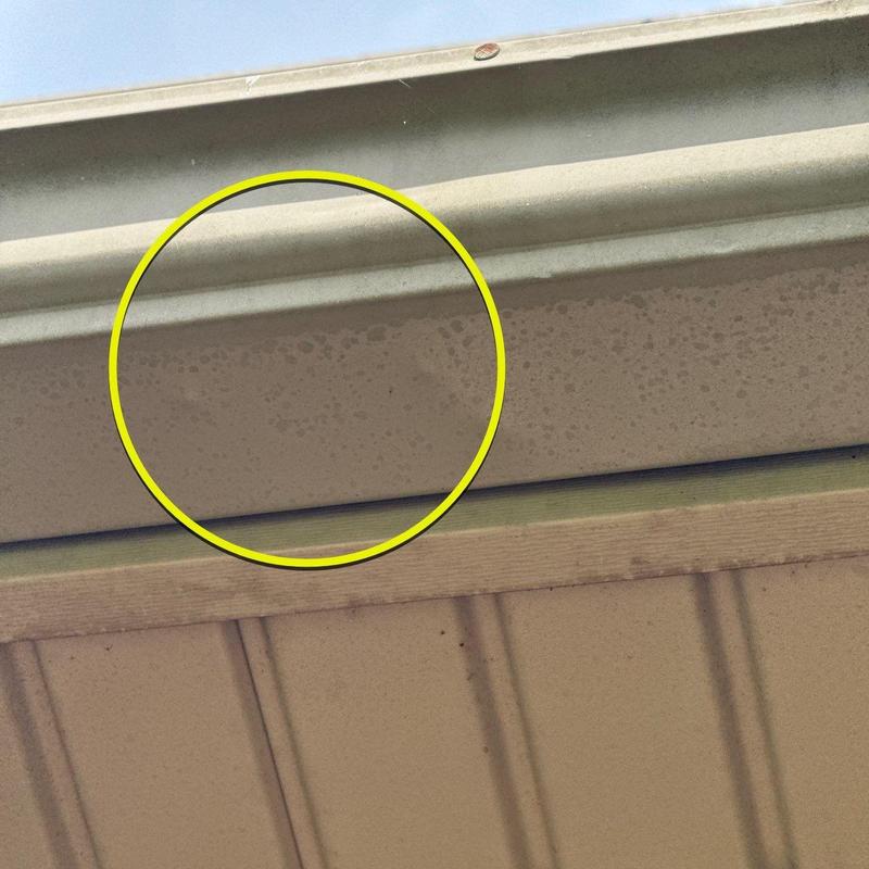 Gutter soffit with hail damage evidence