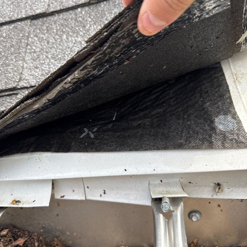 Roof underlayment inspection with lifted shingles and gutter edge