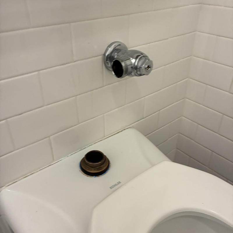 Flushometer valve removed from commercial toilet tank