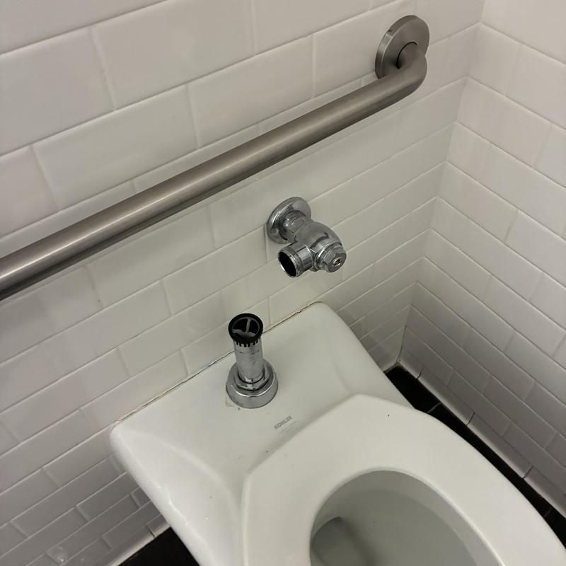 Flushometer valve on commercial toilet, removed for repair