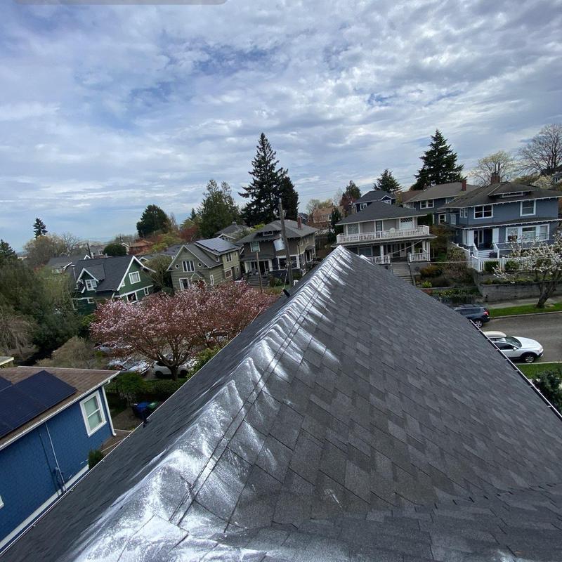 Asphalt shingle roof with sealed nails and moss treatment