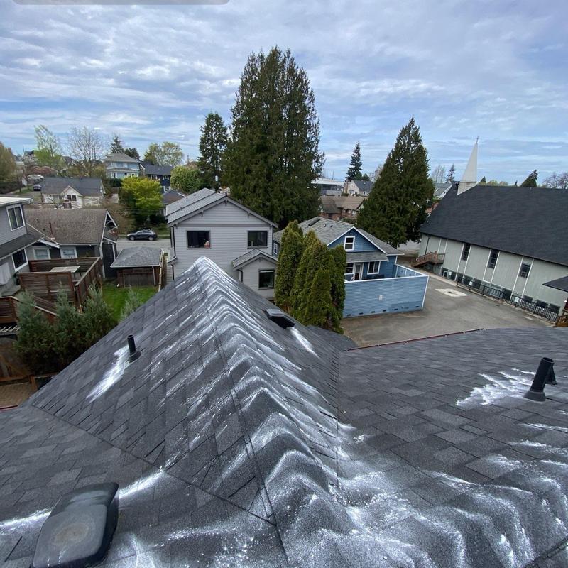 Roof shingles with sealant marks and moss treatment applied