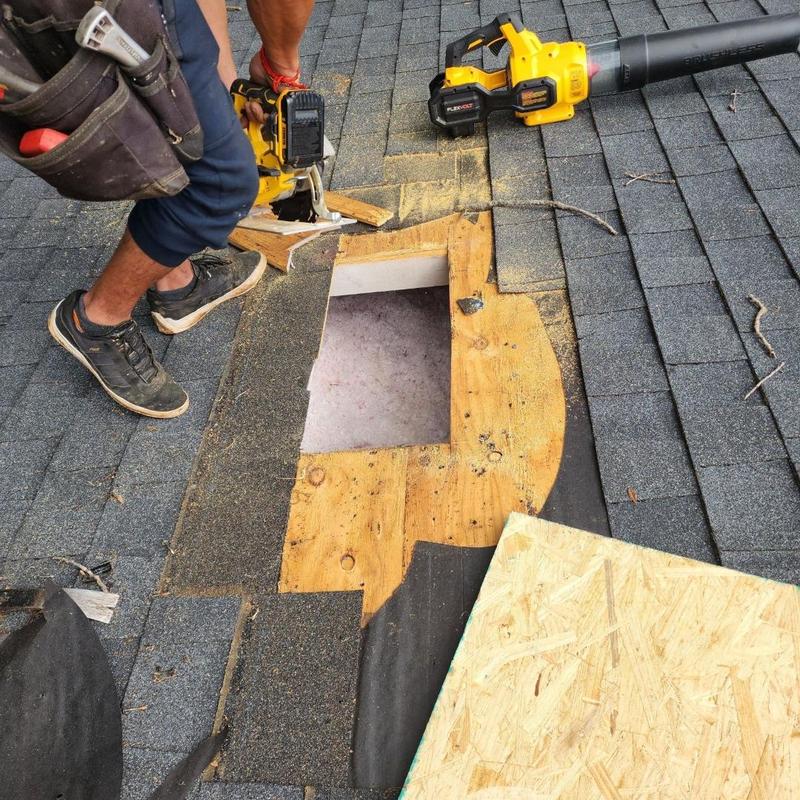 Roof decking replacement with power saw and blower