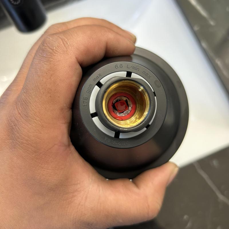 Shower head interior plumbing with clog buildup Shower head interior plumbing with clog buildup