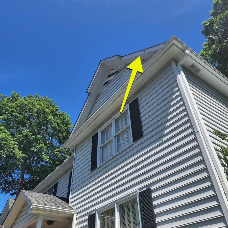 Soffit damage and roofing inspection on house exterior