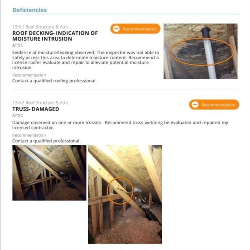 Roof decking moisture intrusion and damaged truss in attic