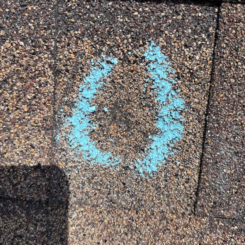 Shingle hail damage with blue chalk marking