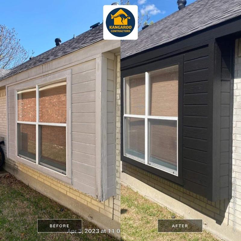 Exterior siding and window trim painted black before and after