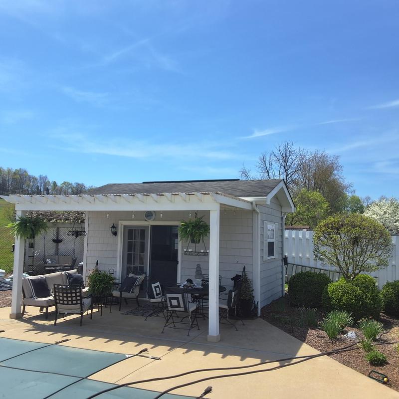 Patio roof and pergola structure with outdoor seating