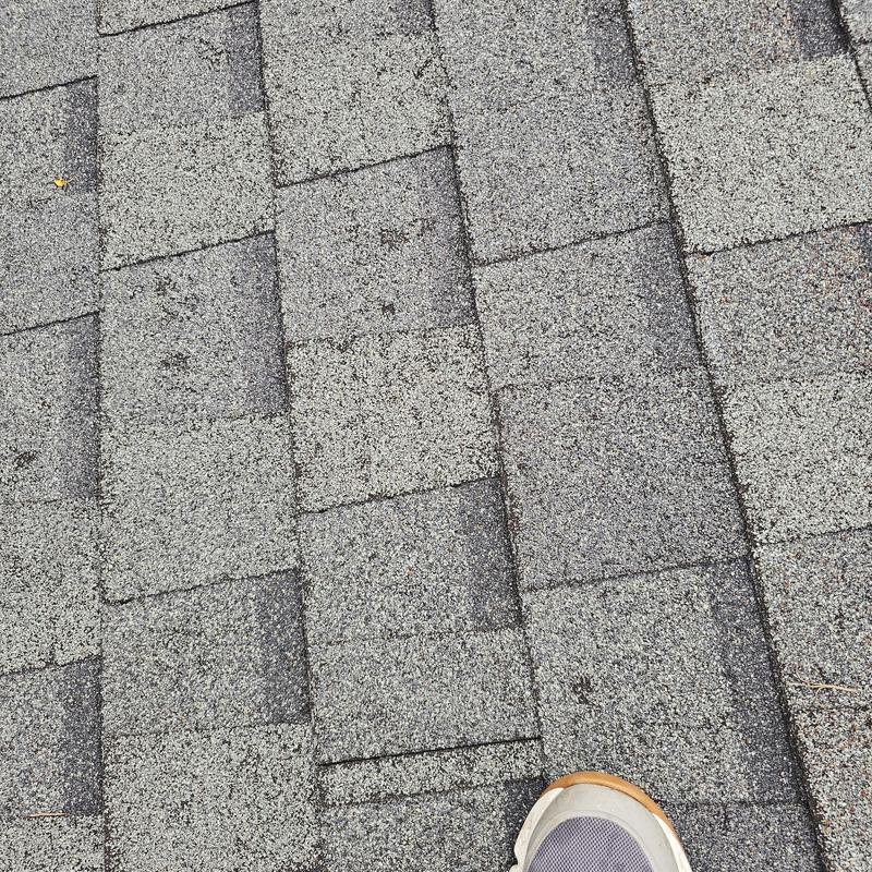 Asphalt roof shingles with hail damage and wear