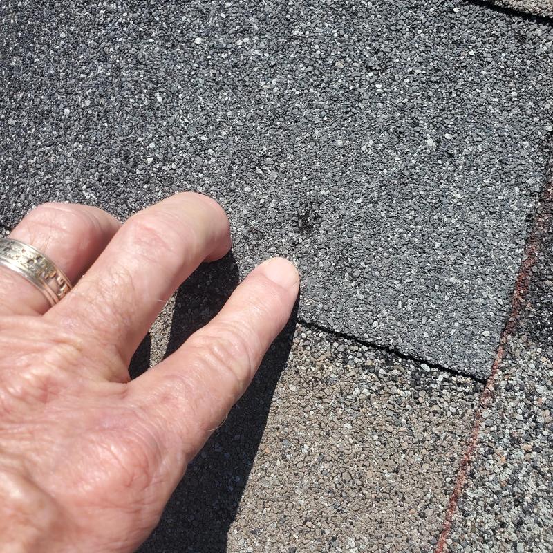 Asphalt shingle roof hail damage close-up with finger