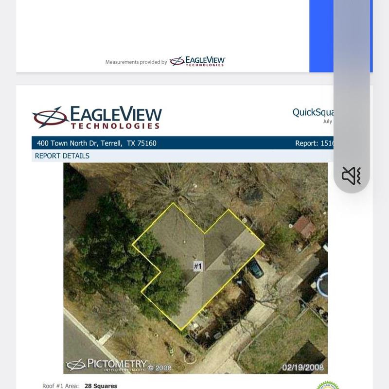 Roof aerial view with marked hail damage perimeter